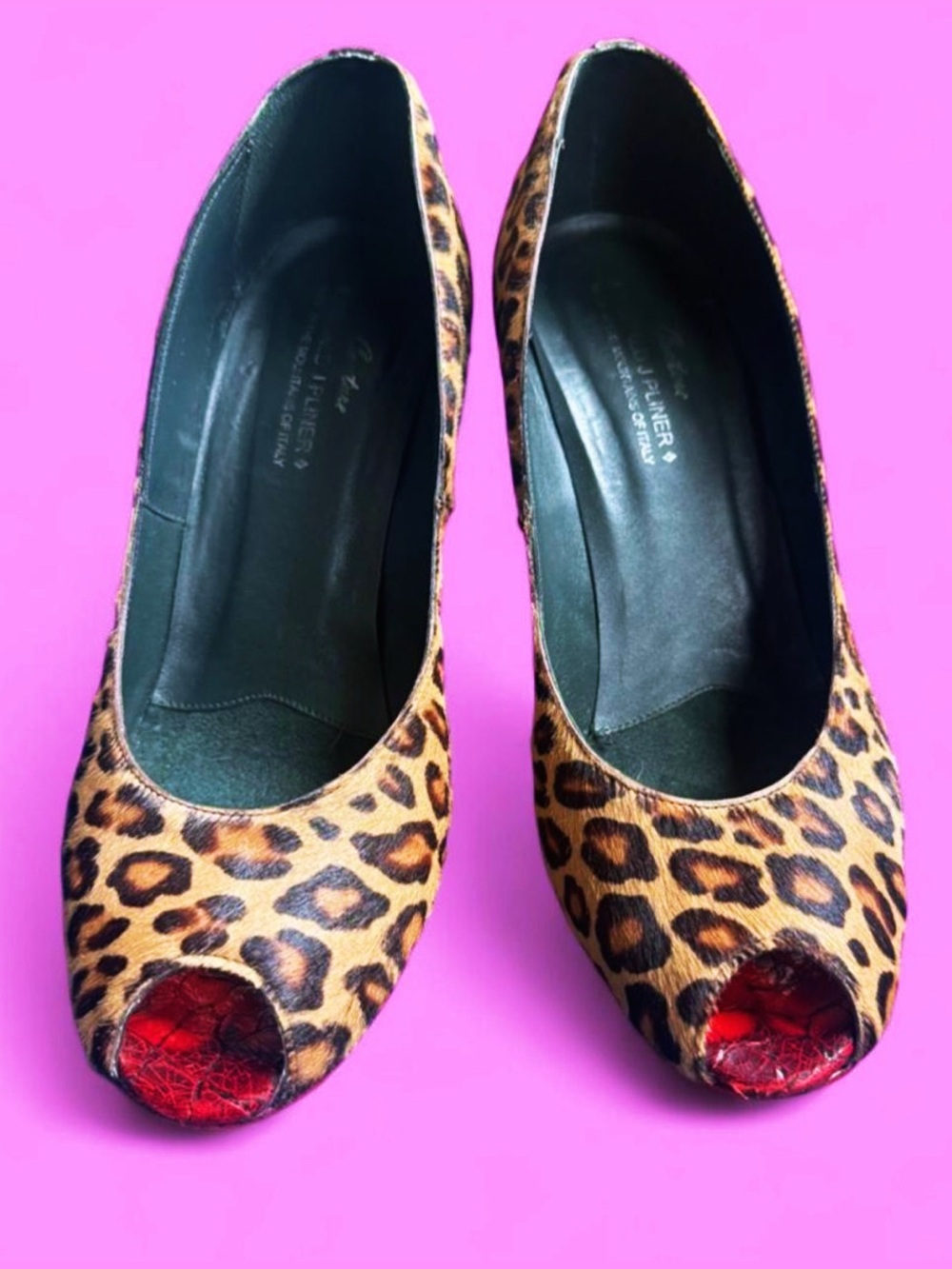 Donald J. Pliner Leopard Print Calf Hair Peep-Toe Heels with Red Accents